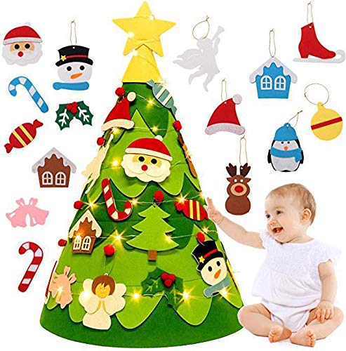 Queta Árbol de Navidad de Fieltro para Niños, 26PCS Juego de 3D Árbol de Navidad Accesorios de Fieltro Navideños Desmontables + Cadena de Luz LED, Decoración Colgante (Tipo-2)