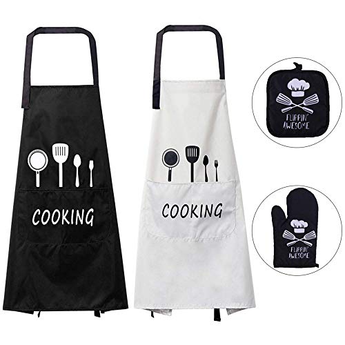 Queta Delantal de Cocina 2pcs Delantales de Cocina Impermeables Delantal de Algodón con Bolsillos Ajustable Delantal Unisexo Negro y Blanco con Guante y Almohadilla Aislantes