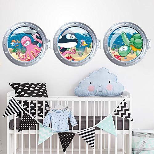 R00030 Adhesivos de pared Ojo de buey Barco de mar Pulpo Decoración Dormitorio infantil niño