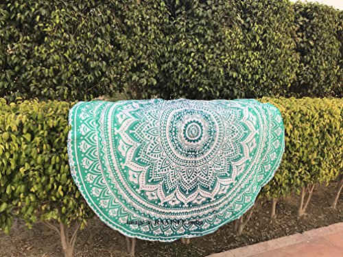 raajsee Tela Redonda de Mandala Estilo Hippie,de diseño Indio Bohemio, Ideal como Colcha, Tapiz Decorativo, Mantel o Toalla de Playa, para meditación y Yoga, 175 cm, algodón, Verde, 70 in