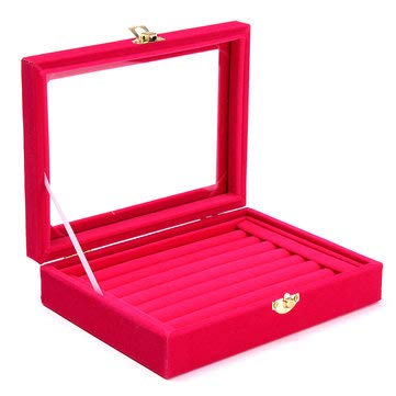 RanDal Joyería Terciopelo Anillo De Madera Organizador De Exhibición Estuche Bandeja Soporte Pendiente Caja De Almacenamiento - Rosa Rojo