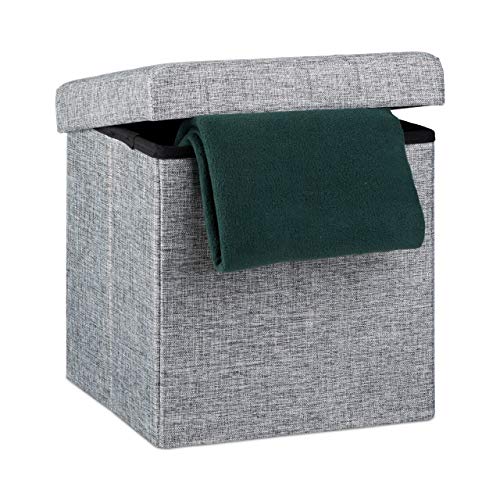 Relaxdays Taburete plegable, Reposapiés, Lino, 38x38x38 cm, Gris