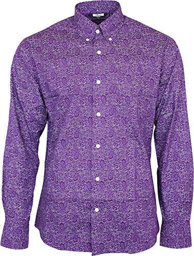 Relco Hombre Cachemira Morado Manga Larga con Botones 100% Camisa de Algodón - Morado, XXL