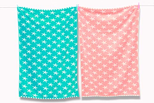 restmor Toallas de Playa 100% Algodón – Set de 2 Toallas de 85x165cm - Estrella de Mar Turquesa y Coral