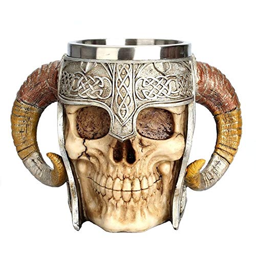 Reutilizable Taza de café Taza de calavera de acero inoxidable Viking Ram Horned Pit Lord Warrior Beer Stein Tankard Taza de café Taza de té Bar de Halloween Drinkware Regalo ( Capacity : 401 500ml )