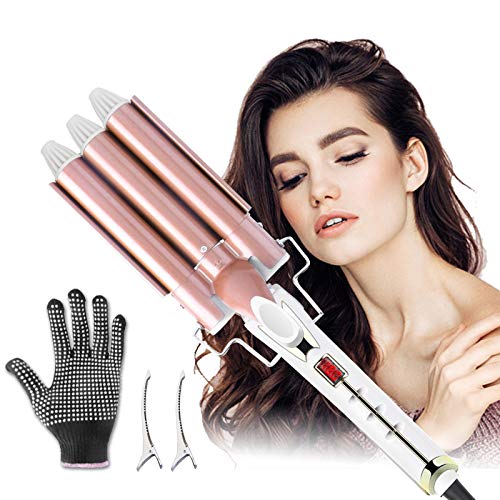 Rizador de Pelo Profesional 3 Tubo, Pinzas Rizadoras 3 Barriles Onduladores de Pelo con Cerámica Rizadora de Onda Temperatura De 15 Velocidades Ajuste Calor 80℃ de 230℃ Pantalla Lcd 22mm Diámetro