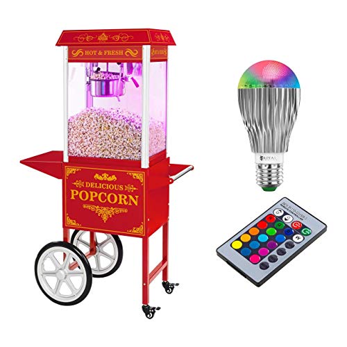 Royal Catering Palomitera Con Carrito E Iluminación LED Diseño Retro Rojo RCPW-16.3 Popcorn Machine LED Set (1600 Watt, Olla Con Revestimiento De Teflón)