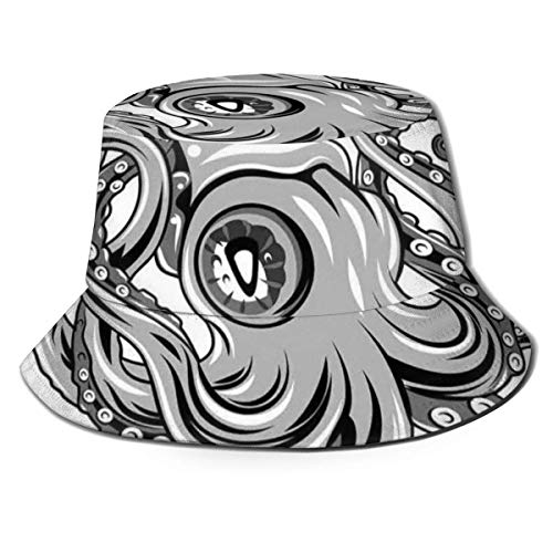 SDFRG Calamar Pez con Aletas Mar Animal Antiguo Sepia Submarino Extranjero Diseño Artesano Cubo de Impresión Sombrero para el Sol para Hombres y Mujeres Packable Summer Fisherman Cap Safari, Playa y C