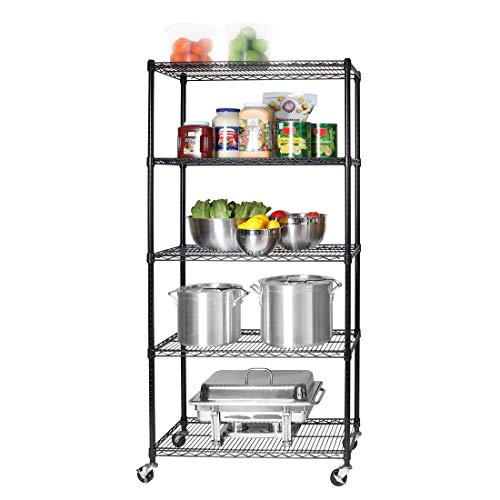 Seville Classics Mega Rack Estantería de Alambre de Acero de 5 Niveles con Ruedas, de 60 Pulgadas de Ancho x 24 Pulgadas de Profundidad, Cromado, Acero Metal Cromo, Negro, 36" W x 18" D