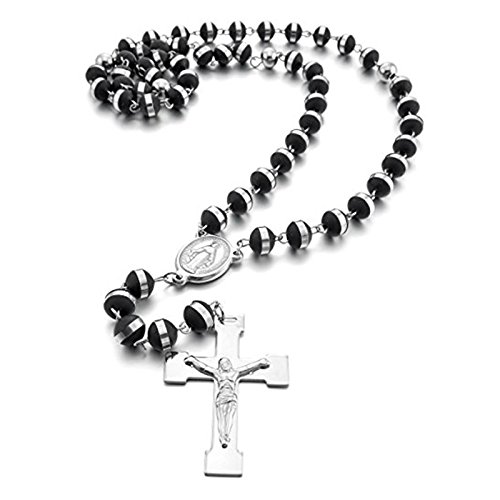 SODIAL(R) Colgante Collar Acero Inoxidable Colgante Collar Plata Negro Virgen Maria Jesus Cristo Crucifijo Cruzar Cruz Rosario Vendimia Vintage Retro 26 Pulgada Cadena Hombre Mujer