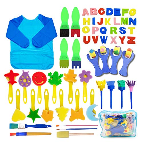 SPECOOL 56 Pcs Kits de Pinceles de Esponja, niños Gouache Craft Pinceles y Delantal Herramientas de Pintura, Acuarelas niños, Niños Pintura Temprana Artes DIY Artesanías