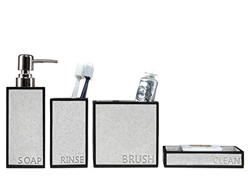 SUHU Juego de 4 Accesorios de Baño y Lavabo Rectangular Diseño Moderno con Bote Dosificador Jabon Liquido o Dispensador de Loción Jabonera Vasos Porta Cepillo de Dientes Gris + Negro