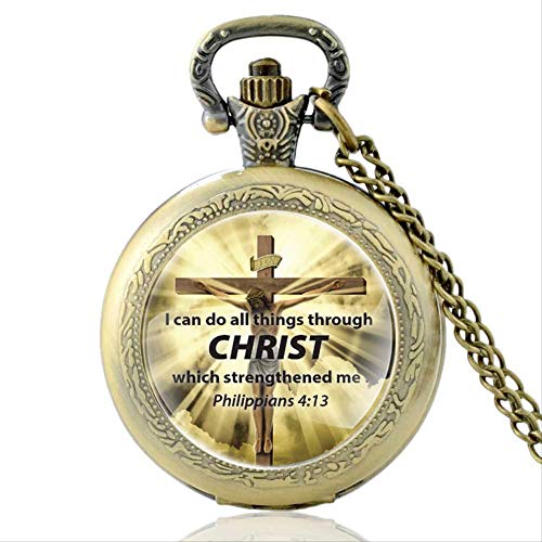 SWAOOS Cristo Cruz Puedo Hacer Todas Las Cosas A Través Reloj De Bolsillo De Cuarzo Único Vintage Hombres Mujeres Collar Colgante Reloj De Horas