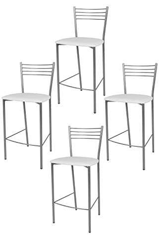 t m c s Tommychairs - Set 4 taburetes Elena para Cocina y Bar, con Estructura en Acero Pintado Color Aluminio y Asiento tapizado en Polipiel Color Blanco