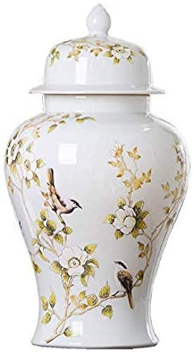 Tarro De Jengibre De Porcelana Clásico con Tapa Tarro De Templo De China Flor De China Floral Blanca Grande Decoración para Sala De Estar Dormitorio-H35cmxW19cm