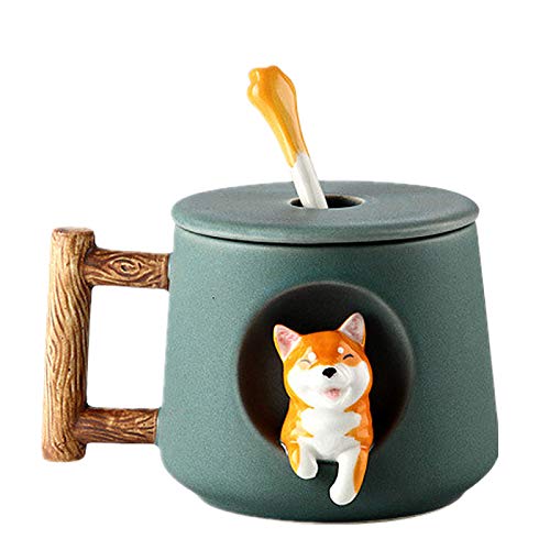 Taza de cerámica con diseño de perro de dibujos animados, con cuchara para parejas, taza de café, 420 ml