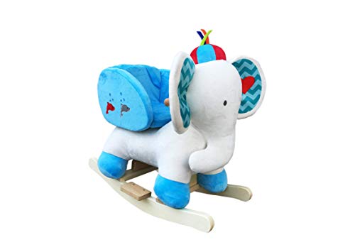 The Rocking Horse Co Balancín Elefante - Blanco/Azul - Peluche Acabado - Completo con Sonidos - Encendido Madera Maciza Rockers