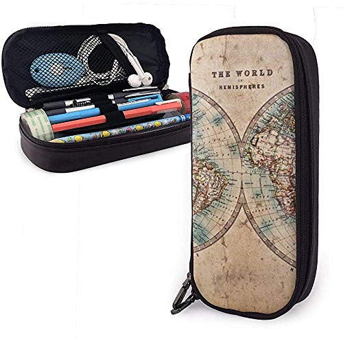 The World in Hemispheres Cute Pen Estuche para lápices Cuero Gran capacidad Cremalleras dobles Bolso para lápices Bolsa Estuche para lápices 20cm * 9cm * 4cm