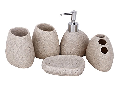 Thee 5 piezas Juego de accesorios de baño de cerámica, dispensador de jabón, jabonera, soporte para cepillo de dientes, vaso para cepillos de dientes, beige, con caja de regalo