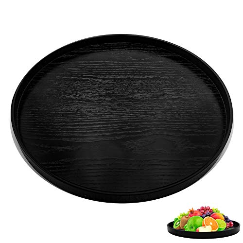 TheStriven Bandeja Camarero Antideslizante Negra Bandeja De Madera Redonda Bandeja Servir Comida Redonda Bandeja De Té Forma Redonda Madera Maciza Té Café Snack para Bar y Restaurante 33cm/13pulgada