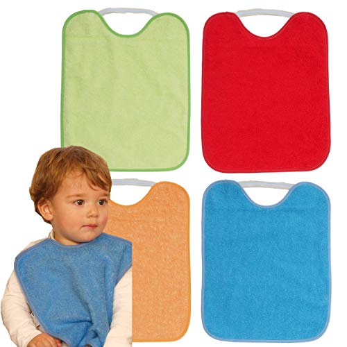 TI TIN Pack 4 Baberos Impermeables para Bebé con Cierre con Goma 90% Algodón - 10% Poliéster con Forro de Vinilo | Para Bebés de Más de 1 Año, 32x36cm