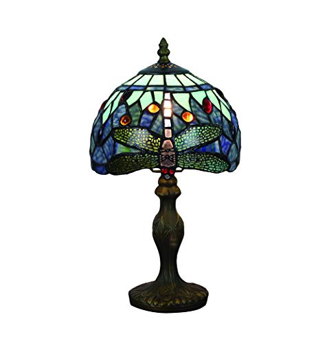 Tokira Lámparas de mesa vintage de Tiffany 8 pulgadas, patrones de lámparas de vidrio manchado Hecho a mano SeaBlue Dragonfly Dormitorio Lámparas de noche Sala de estar Moderna