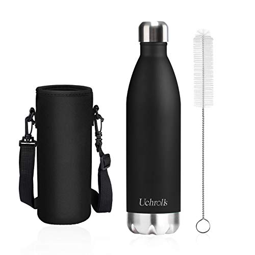 Uchrolls Botella de Agua aislada al vacío de Acero Inoxidable, 750ml, diseño de Pared Doble para Mantener Sus Bebidas Caliente y Fría, BPA Gratis, Ideal Botella de Agua Deportiva (Negro)