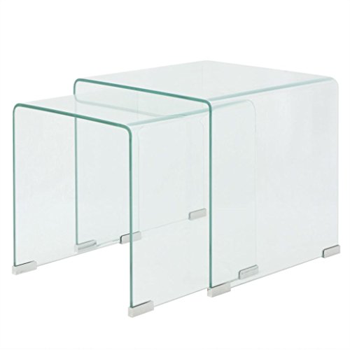 Vislone Set de 2 Multifuncional Mesas de Centro Apilables Nido de Salón Mesa de Cristal Mesita de Noche Mesa de Café Mesa Auxiliar de Vidrio de Seguridad Templado Claro