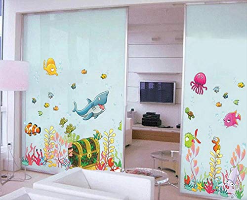 WandSticker4U- Pegatina Pared Mundo Submarino baúl del tesoro, multicolor | peces tiburón Mar Océano Acuario | adhesivo decorativo para habitación infantil niños sala de baño cuarto de baño