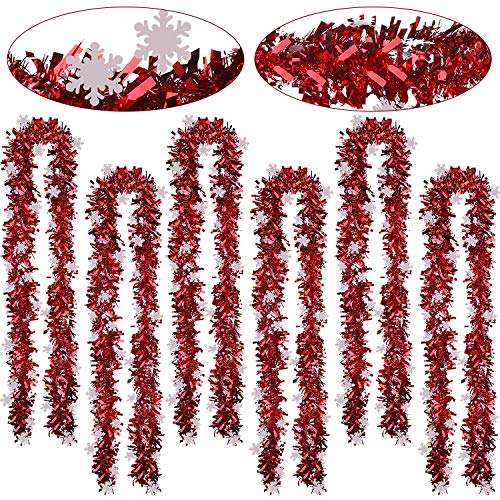 WILLBOND 6 Peizas Espumillones de Navidad de Copo de Nieve 39.4 Pies Guirnaldas de Navidad Espumillón Suave Brillante Clásico para Suministros de Fiesta Bboda Guirnalda de Árbol de Navidad (Rojo)