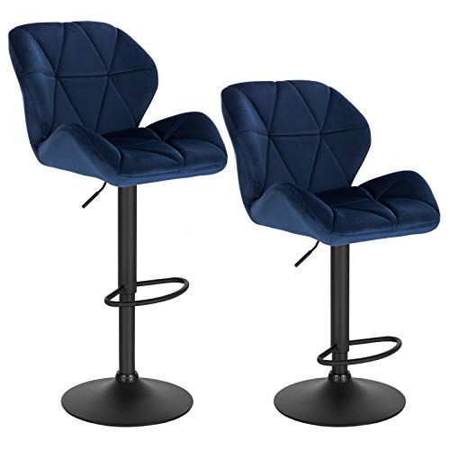 WOLTU 2X Taburete de Bar con Respaldo Sillas de Bar Regulables en Altura, con Asiento Acolchado Terciopelo Sillas Giratorias Muebles Cocina Silla de Comedor Azul