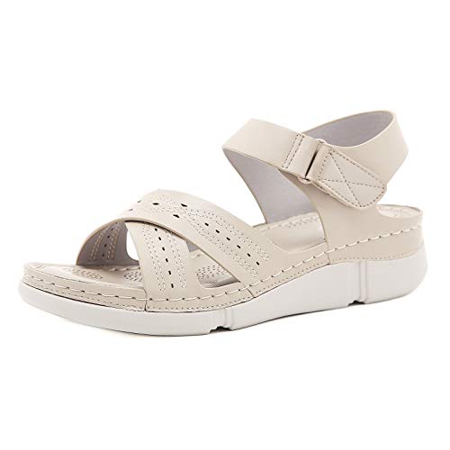 WYCcaseA Sandalias de Plataformas Cuero Cuña para Mujer Verano Sandalias de Punta Descubierta Sandalias de Tiras para Caminar Suaves Zapatos Ajustable,Beige,40