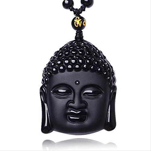 xtszlfj Único Collar de bendición de Buda Tallado obsidiana Negra Natural para Hombres Mujeres Amuleto de la Suerte Collar con Colgante de Buda Regalo Artesanal de la Suerte