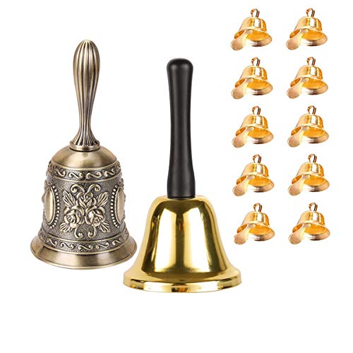 Xumier 12pcs Campanas de tono bronce Campana de mano de té de metal Timbre de la recepción del hotel campana de mano pequeña metal campana de mano vintage bronce verde + oro +10 campanas de cuerno