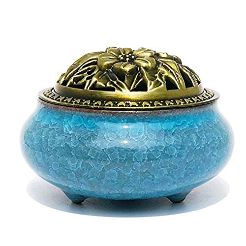 YANVHA Quemador de incienso con soporte de latón calabash para varillas de incienso – porcelana china decorada con incensario de carbón – Bandeja de cerámica para incienso