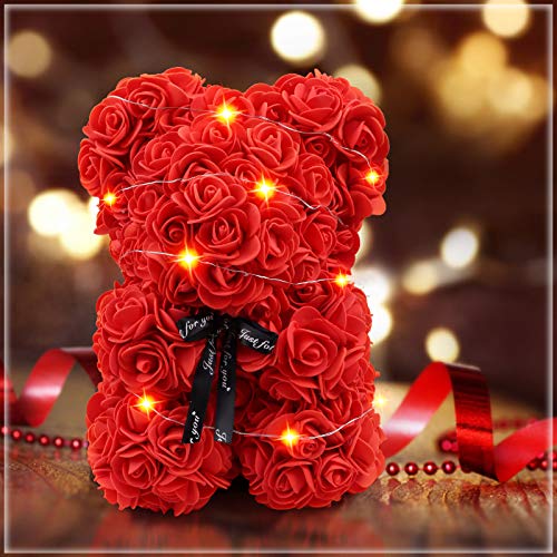 Yodeace Oso de Rose, 25 cm, osito de rosas artificiales, color rojo, idea de regalo para ella, novia, cumpleaños, madre, aniversario, San Valentín