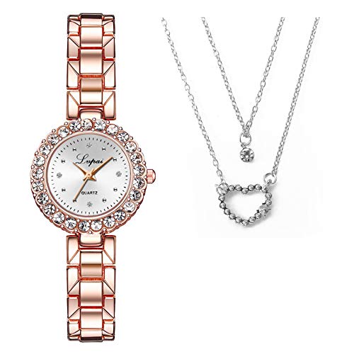 YUEMEI Reloj De Diamantes De Agua Con Collar colgante de corazón de melocotón, Moda Minimalista Elegante Con Reloj De Cuarzo Para Mujer Con Esfera De Correa Reloj De Regalo (a4)