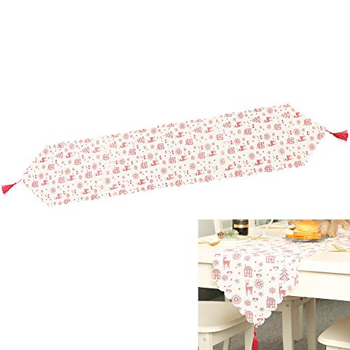 yyuezhi Camino de Mesa Estampado de Lino Navideño con Borla Decoraciones de Banner de Corredor de Mesa de Navidad Camino de Mesa Lino Rojo Navideño Mantel de Camino de Mesa Lavable (Estampado Blanco)