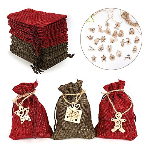 Zaloife Bolsas de Regalo Navidad Calendario de Adviento, Bolsa de Calendario de Adviento, Bolsas de Yute con 24 Adhesivos Digitales de Adviento, Arbol de Navidad Decoracion, 24pcs