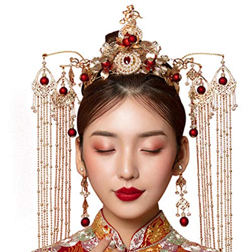 ZKHD Corona De Tiara Nupcial De Estilo Chino, Tocado De Phoenix Show Wo Clothing Tassel Wedding Jewelry, Agregando Elementos Modernos, Conservando La Belleza del Encanto Tradicional