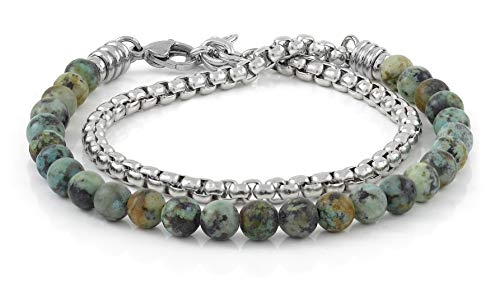 10:10 Pulsera con piedras turquesas africanas naturales y cadena veneciana de acero inoxidable, pulsera muy resistente hecha en Italia