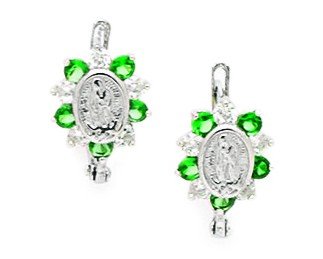 14ct blanco de piedra Natal May verde 3 mm circonitas cúbicas y base de Virgin Mary - pendientes con mide 15 x 9 mm