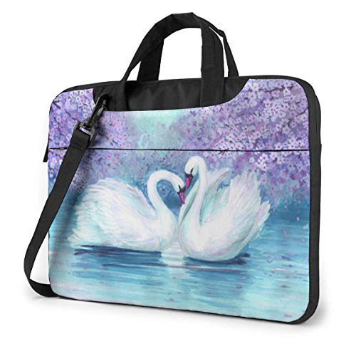 15.6 Inch Funda Bandolera Maletín para Portátil Maletín de Hombro para Negocio Viaje Nuevas Impresiones de cisnes de Paisaje púrpura Acuarela