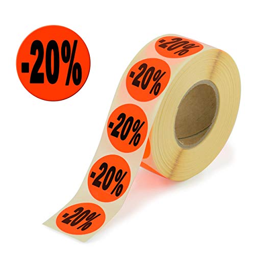 2000 etiquetas de acción – 20% redondo rojo brillante en rollo de 32 mm – Precio especial reducido, autoadhesivas, etiquetas de precios permanentes [H-20]