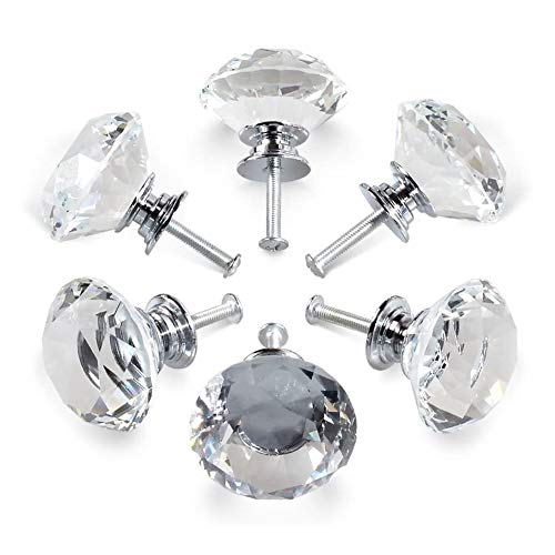 6 manijas de cristal, manijas de puerta de gabinete de cajón de cristal de diamante de 30 mm, manijas de puerta de vidrio de cocina de gabinete de cajón de muebles, gabinetes de almacenamiento