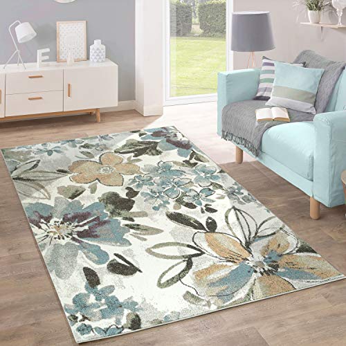 Alfombra De Diseño Moderna Salón Estampado Flores Tonos Pastel Verde Azul Crema, tamaño:60x100 cm