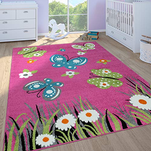 Alfombra De Juego Habitación Infantil Niña Pelo Corto Mariposas En Rosa, tamaño:120x170 cm