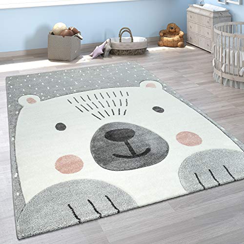 Alfombra Infantil Adorable Pelo Corto Oso Alegre 3D Moderna En Gris Blanco, tamaño:120x170 cm