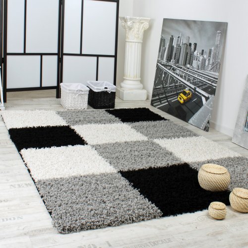 Alfombra Shaggy Pelo Alto Pelo Largo De Cuadros En Gris Negro Blanco, tamaño:230x320 cm