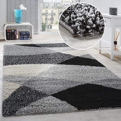 Alfombra Shaggy Pelo Alto Pelo Largo Estampada En Gris Negro Blanco, tamaño:120x170 cm